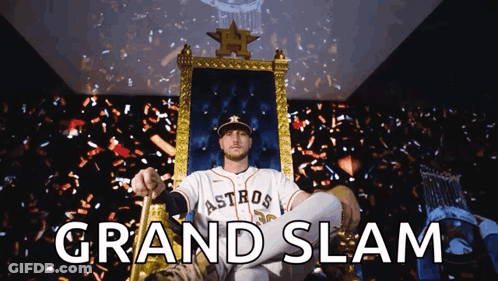 A Man In An Astros Jersey Sits On A Throne With The Words Grand Slam Below Him GIF