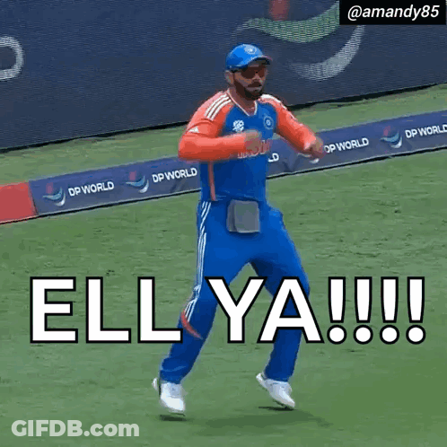 A Man In An India Jersey Is Dancing On A Field With The Caption Ellya !!! GIF