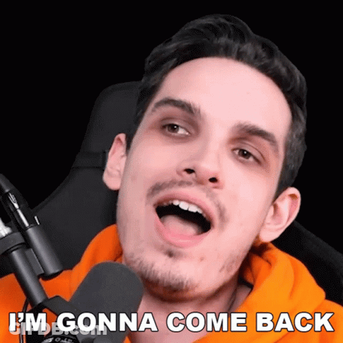 A Man In An Orange Hoodie Says " I 'M Gonna Come Back " In Front Of A Microphone GIF