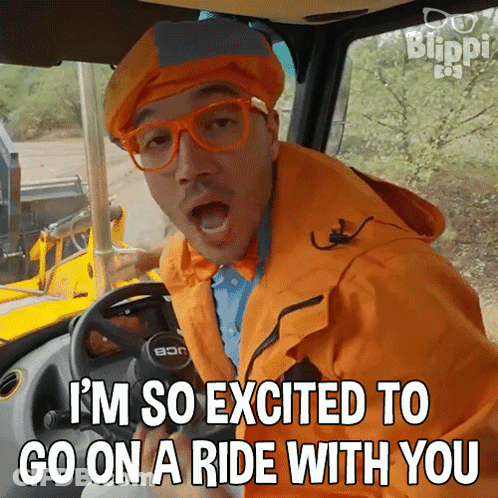 A Man In An Orange Jacket Is Driving A Bulldozer And Says I 'M So Excited To Go On A Ride With You GIF