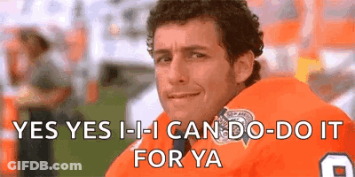 A Man In An Orange Jersey Is Smiling And Says `` Yes Yes I - I Can Do - Do It For Ya '' . GIF