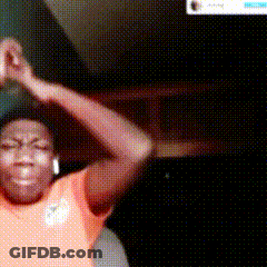 A Man In An Orange Shirt Is Dancing In Front Of A Screen That Says ' Directory ' On It GIF