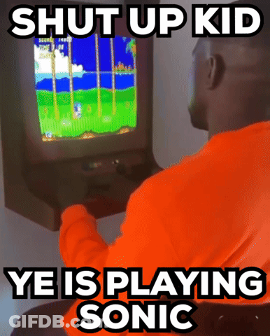 A Man In An Orange Shirt Is Playing Sonic The Hedgehog On A Video Game GIF