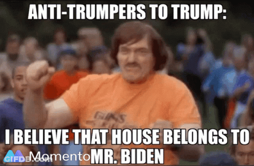 Man In Orange Shirt In Front Of Crowd Captioned Anti-Trumpers To Trump GIF
