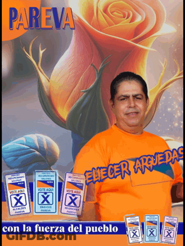 A Man In An Orange Shirt Stands In Front Of A Flower And A Sign That Says Pareva GIF