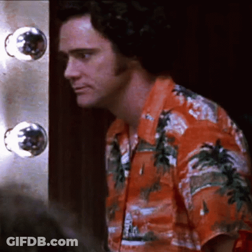 A Man In An Orange Shirt With Palm Trees On It GIF