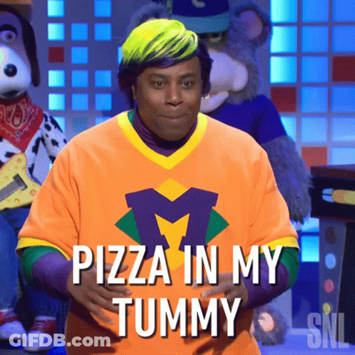 A Man In An Orange Shirt With The Words Pizza In My Tummy Written On It GIF