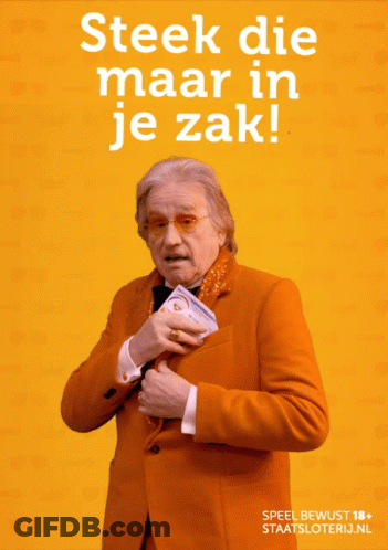 A Man In An Orange Suit Is Holding A Piece Of Paper That Says ' Steek Die Maar In Je Zak ' On It GIF