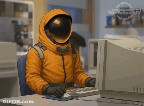 A Man In An Orange Suit Is Sitting At A Desk In Front Of A Computer With Warped Universe Written On The Bottom Right GIF