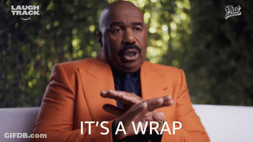 A Man In An Orange Suit Says It 'S A Wrap With His Hands GIF