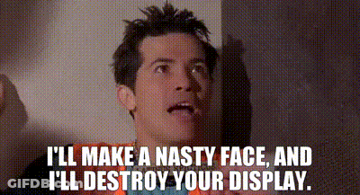 A Man In An Orange Vest Says I 'Ll Make A Nasty Face And I 'Ll Destroy Your Display . GIF
