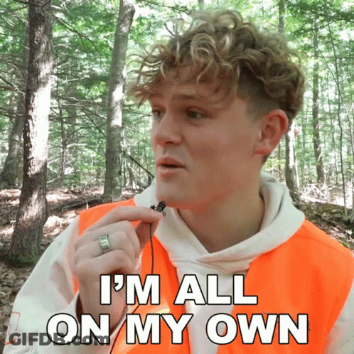 A Man In An Orange Vest Says " I 'M All On My Own " While Holding A Bug GIF