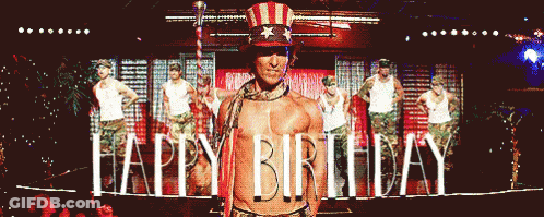 A Man In An Uncle Sam Hat Is Standing In Front Of A Happy Birthday Sign GIF