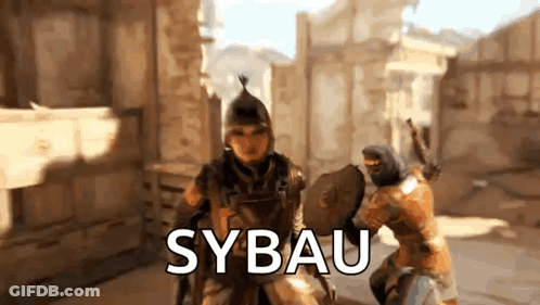 A Man In Armor Is Fighting Another Man In A Video Game With The Word Sybau Written On The Screen . GIF