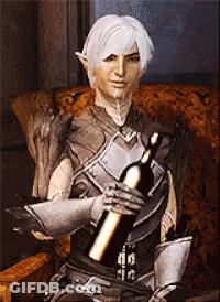 A Man In Armor Is Holding A Bottle Of Wine In His Hand GIF