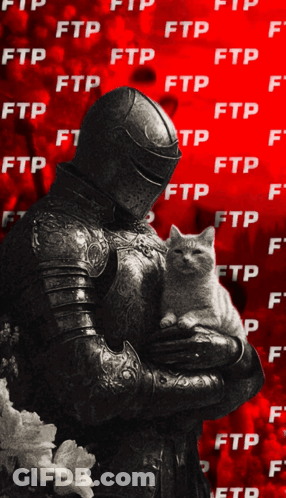 A Man In Armor Is Holding A Cat In Front Of A Red Background With Ftp Written On It GIF