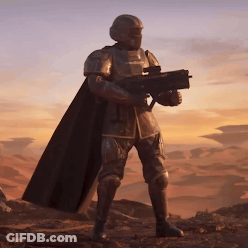 A Man In Armor Is Holding A Gun And Wearing A Black Cape GIF