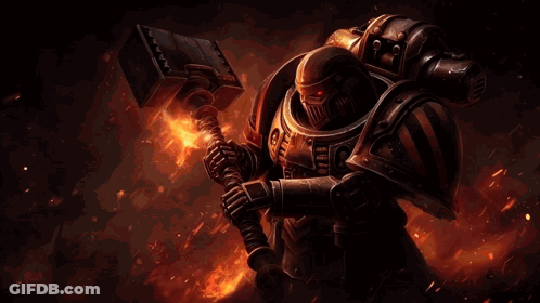 Armored Man Holding Fire Surrounding Hammer GIF