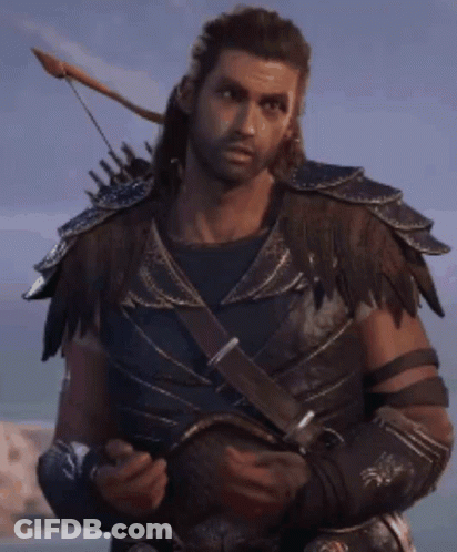 A Man In Armor Is Holding A Knife And A Bow . GIF