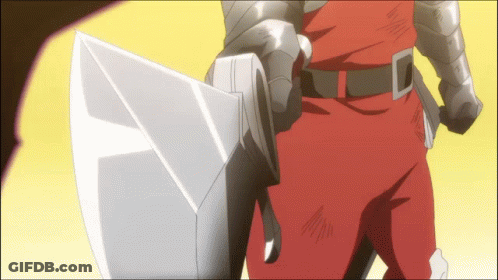 A Man In Armor Is Holding A Large Sword And Shield GIF