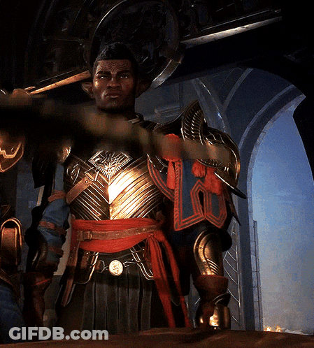 A Man In Armor Is Holding A Sword And Has A Belt With A Coin On It GIF