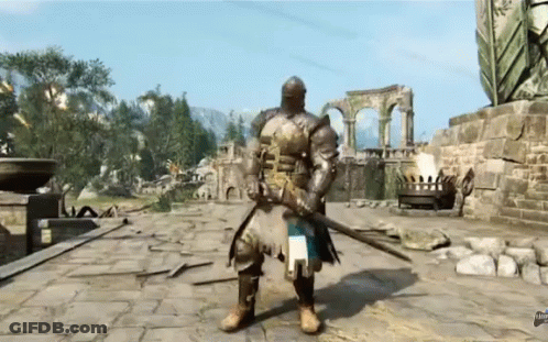 A Man In Armor Is Holding A Sword In Front Of A Ruined Building GIF