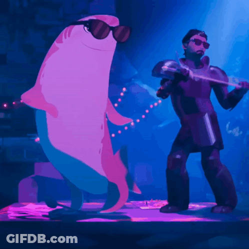 A Man In Armor Is Holding A Sword Next To A Pink Dolphin GIF