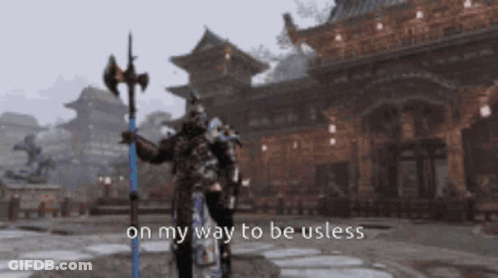 A Man In Armor Is Holding An Axe In Front Of A Building With The Words On My Way To Be Useless Written Below Him GIF