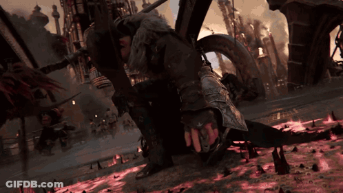 A Man In Armor Is Kneeling Down In A Video Game GIF