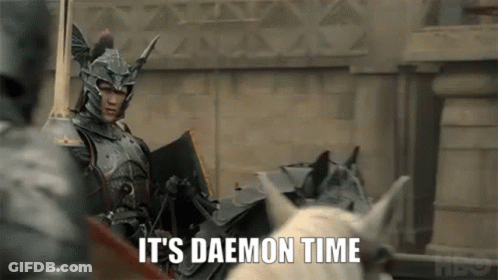 A Man In Armor Is Riding A Horse And Saying It 'S Daemon Time . GIF
