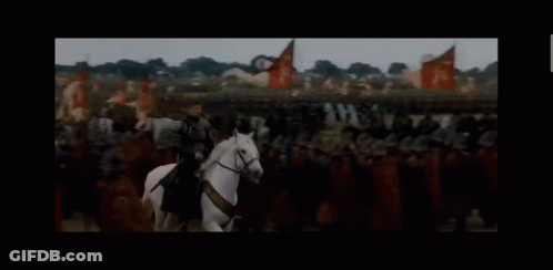 A Man In Armor Is Riding A White Horse In Front Of A Crowd Of People . GIF
