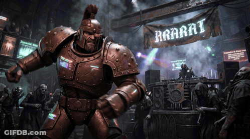 Man In Armor Standing In Front Of Ararata Banner GIF