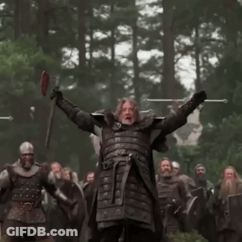 A Man In Armor Is Standing In Front Of A Group Of Soldiers Holding Swords . GIF