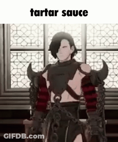 A Man In Armor Is Standing In Front Of A Window With The Words Tartar Sauce Written On It . GIF