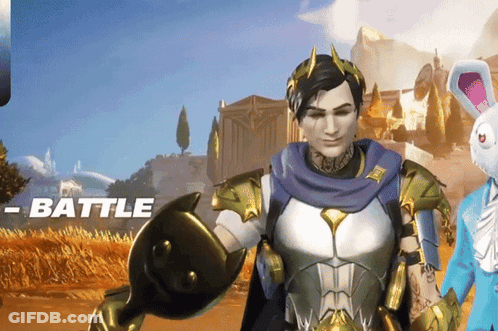 A Man In Armor Is Standing Next To A Bunny And The Word Battle Is On The Bottom Left GIF