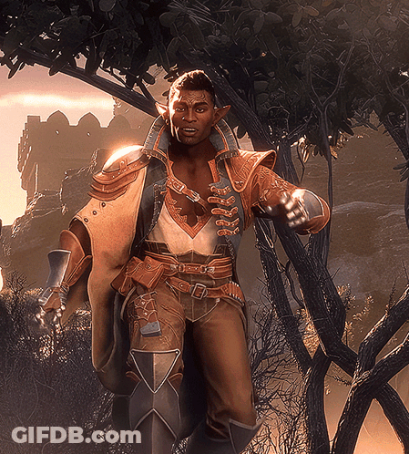 A Man In Armor Is Standing Next To A Tree In A Forest GIF