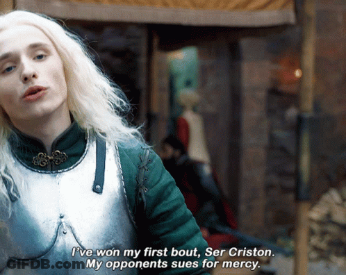 A Man In Armor Says " I 'Ve Won My First Bout " GIF