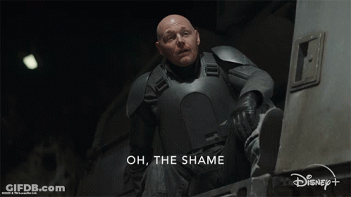 A Man In Armor Says Oh The Shame In Front Of A Disney + Logo GIF