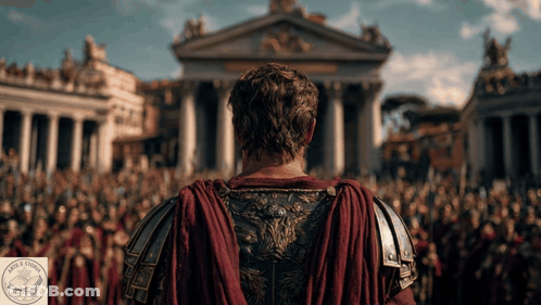 A Man In Armor Stands In Front Of A Crowd Of People And A Sign That Says ' Bible Stories ' On It GIF