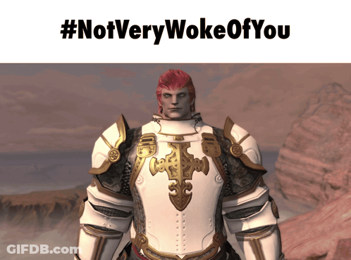 A Man In Armor Stands In Front Of A #Notverywokeofyou Sign GIF