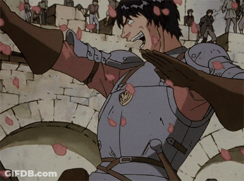 A Man In Armor With A Shield On His Chest Is Surrounded By Flowers GIF