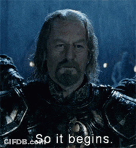 A Man In Armor With The Words So It Begins GIF
