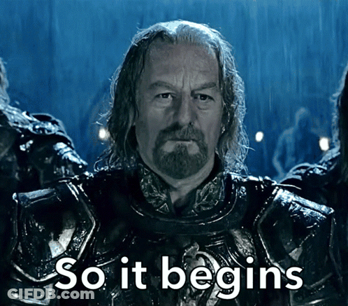 A Man In Armor With The Words So It Begins Written Below Him GIF