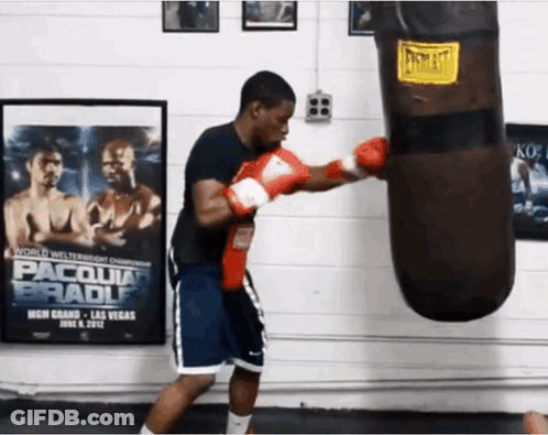 A Man In Boxing Gloves Is Hitting A Punching Bag That Says Everlast On It GIF