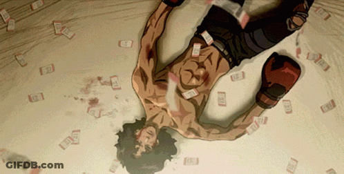 A Man In Boxing Gloves Is Laying On The Floor With A Lot Of Money Around Him That Says ' A ' On Them GIF