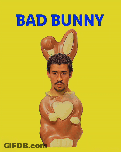 A Man In Bunny Ears Is On A Yellow Background With The Words Bad Bunny GIF