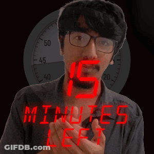 A Man In Front Of A Clock That Says 15 Minutes Left In Red GIF