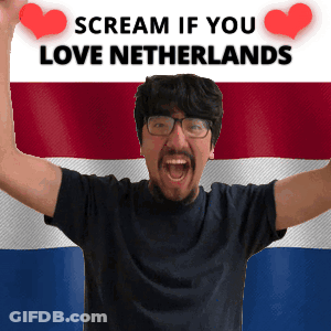 A Man In Front Of A Flag With The Words Scream If You Love Netherlands On It GIF