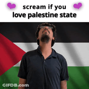 A Man In Front Of A Flag With The Words " Scream If You Love Palestine State " On It GIF