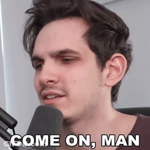 A Man In Front Of A Microphone With The Words Come On Man Written On His Face GIF
